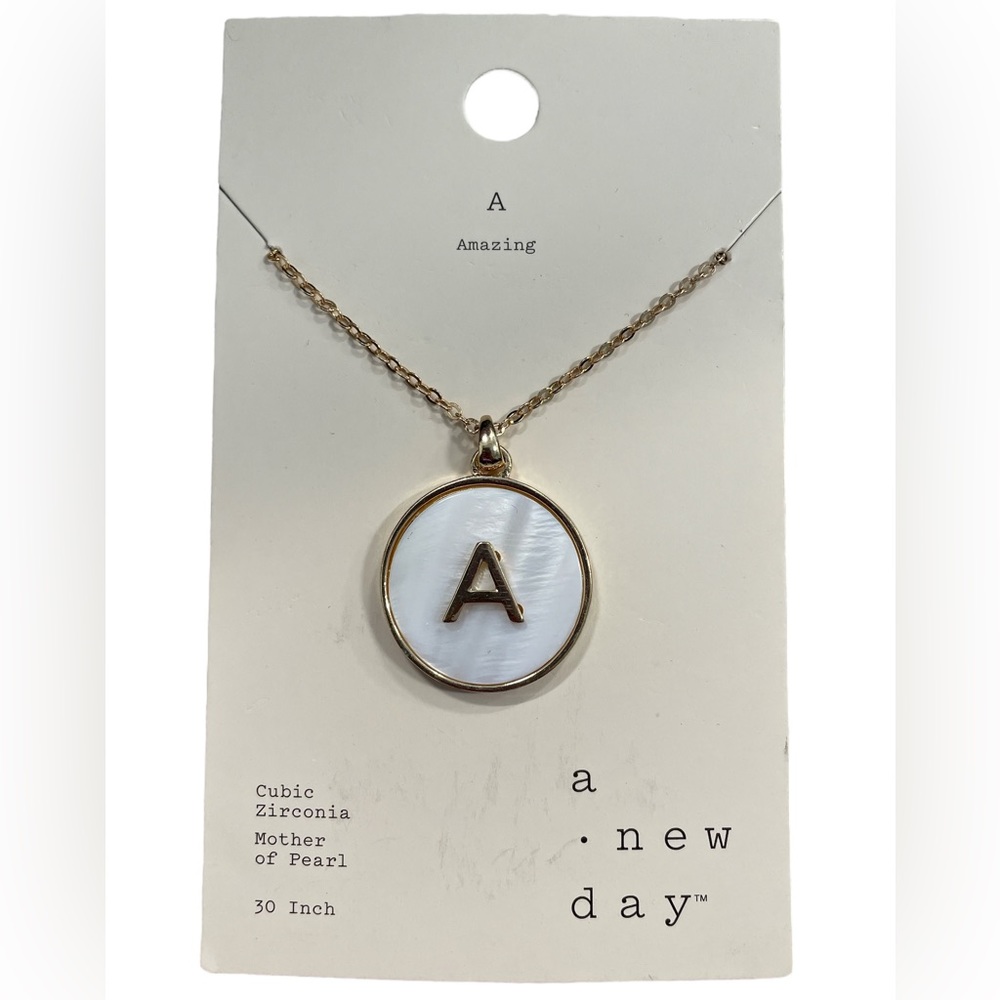 A New Day A Initial Letter Pendant Necklace Gold Tone White Mother of Pearl 30"